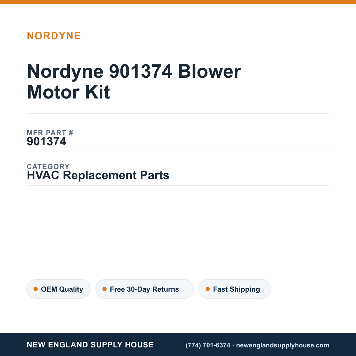 Nordyne 901374 Blower Motor Kit — New England Supply House spec card [NESH-SPEC-CARD-V2]