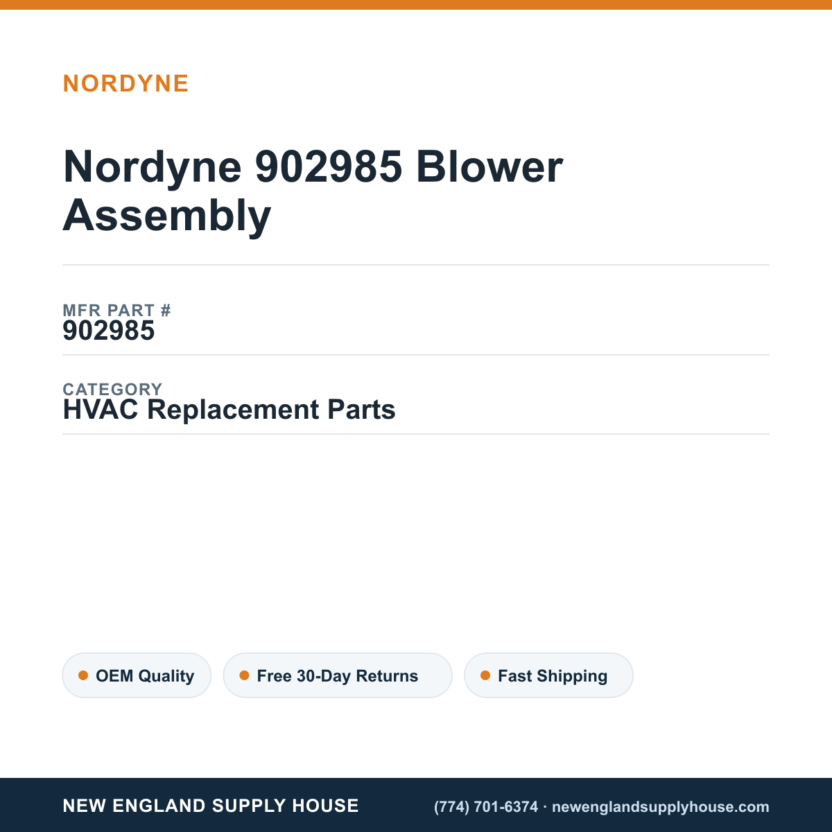 Nordyne 902985 Blower Assembly — New England Supply House spec card [NESH-SPEC-CARD-V2]