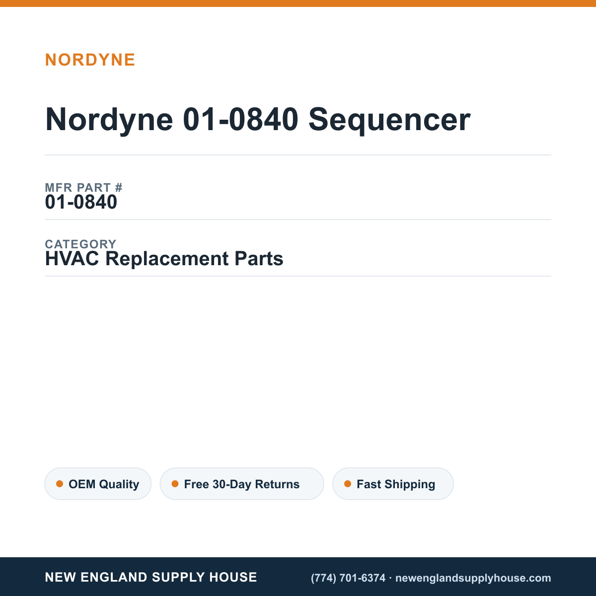 Nordyne 01-0840 Sequencer — New England Supply House spec card [NESH-SPEC-CARD-V2]