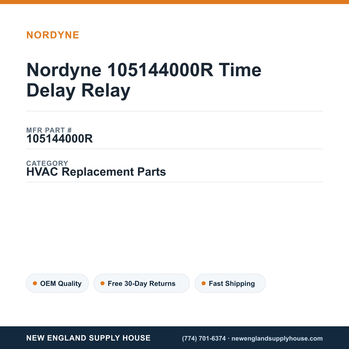 Nordyne 105144000R Time Delay Relay — New England Supply House spec card [NESH-SPEC-CARD-V2]