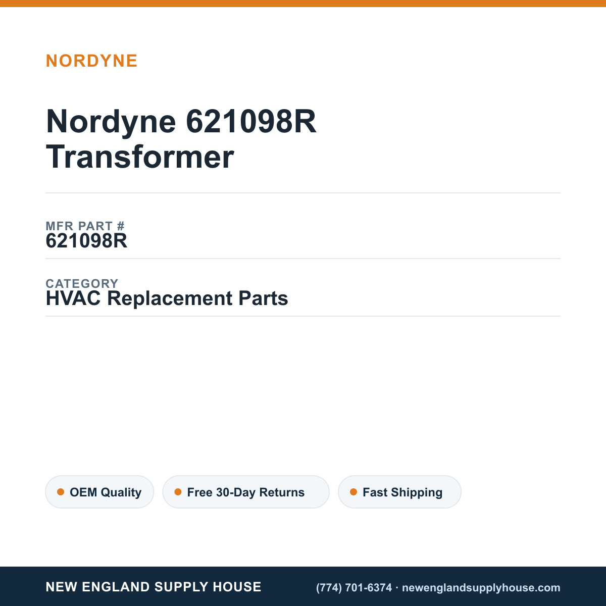 Nordyne 621098R Transformer — New England Supply House spec card [NESH-SPEC-CARD-V2]