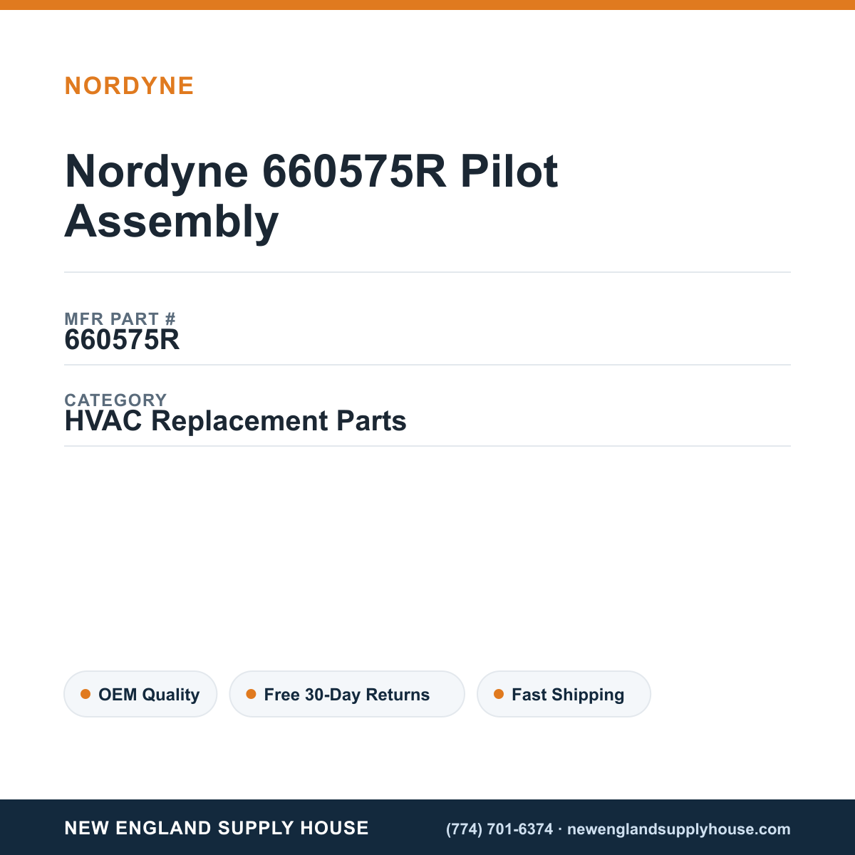 Nordyne 660575R Pilot Assembly — New England Supply House spec card [NESH-SPEC-CARD-V2]
