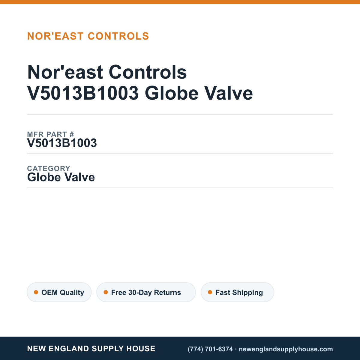 Nor'east Controls V5013B1003 Globe Valve — New England Supply House spec card [NESH-SPEC-CARD-V2]