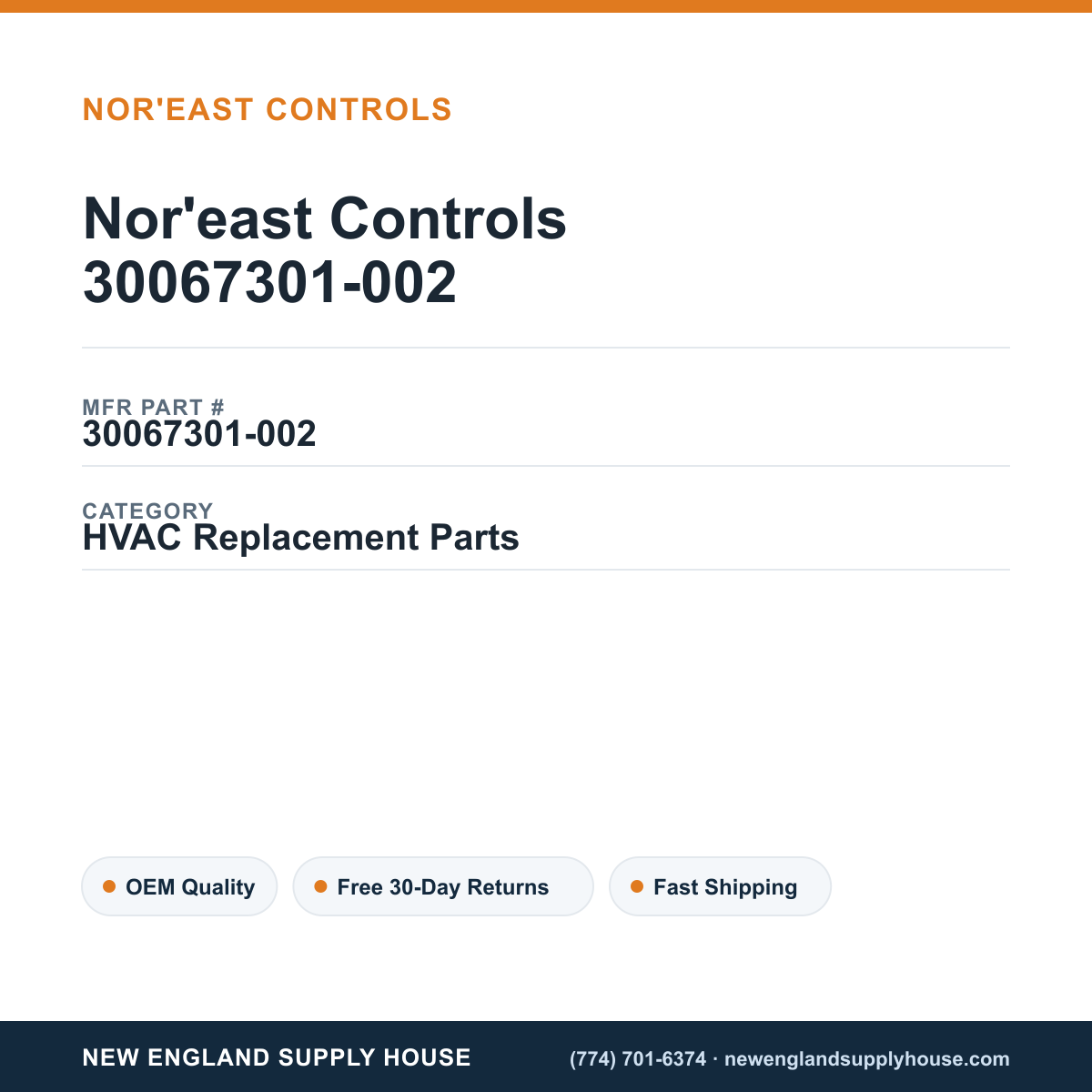 Nor'east Controls 30067301-002 — New England Supply House spec card [NESH-SPEC-CARD-V2]