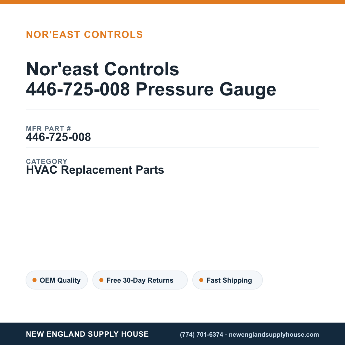 Nor'east Controls 446-725-008 Pressure Gauge — New England Supply House spec card [NESH-SPEC-CARD-V2]