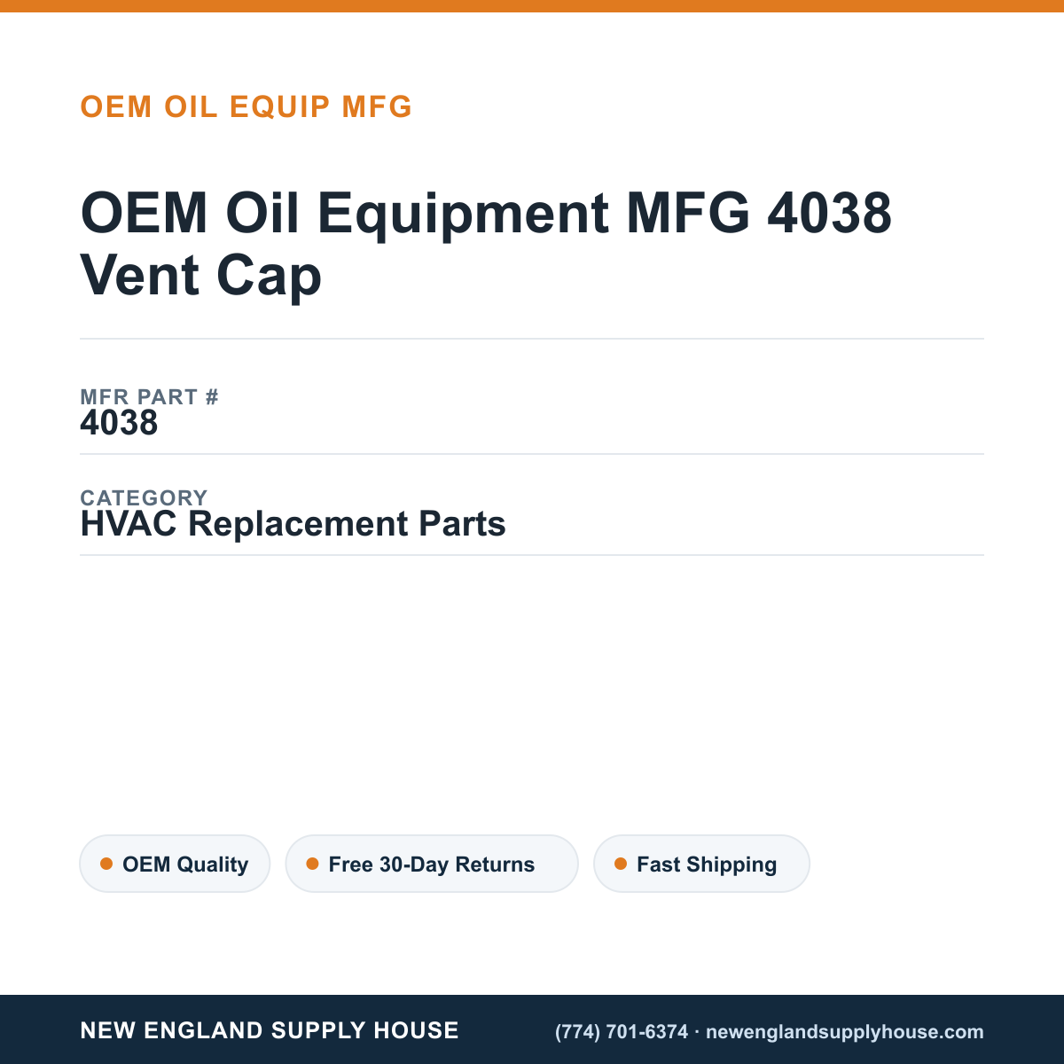 OEM Oil Equipment MFG 4038 Vent Cap — New England Supply House spec card [NESH-SPEC-CARD-V2]
