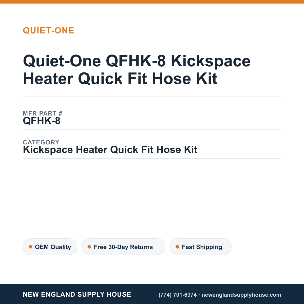 Quiet-One QFHK-8 Kickspace Heater Quick Fit Hose Kit — New England Supply House spec card [NESH-SPEC-CARD-V2]
