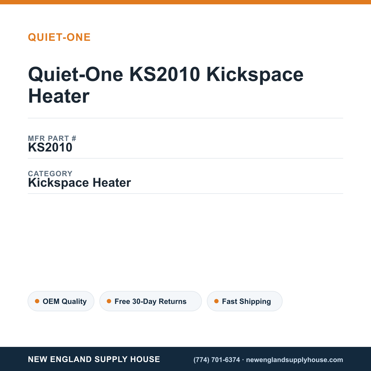 Quiet-One KS2010 Kickspace Heater — New England Supply House spec card [NESH-SPEC-CARD-V2]
