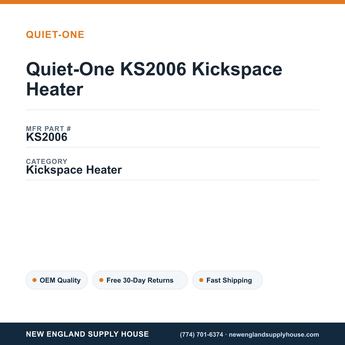 Quiet-One KS2006 Kickspace Heater — New England Supply House spec card [NESH-SPEC-CARD-V2]