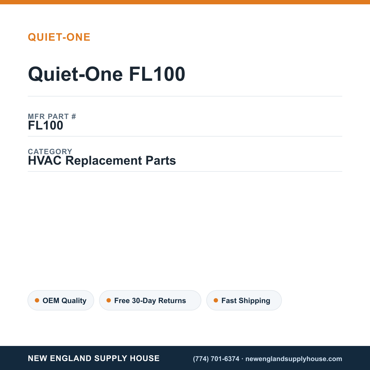 Quiet-One FL100 — New England Supply House spec card [NESH-SPEC-CARD-V2]