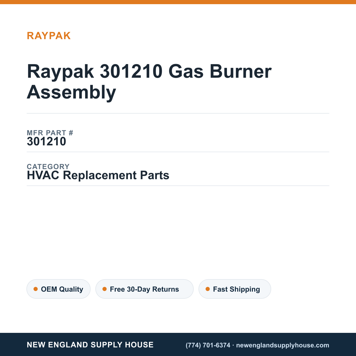 Raypak 301210 Gas Burner Assembly — New England Supply House spec card [NESH-SPEC-CARD-V2]