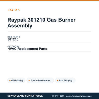 Raypak 301210 Gas Burner Assembly — New England Supply House spec card [NESH-SPEC-CARD-V2]