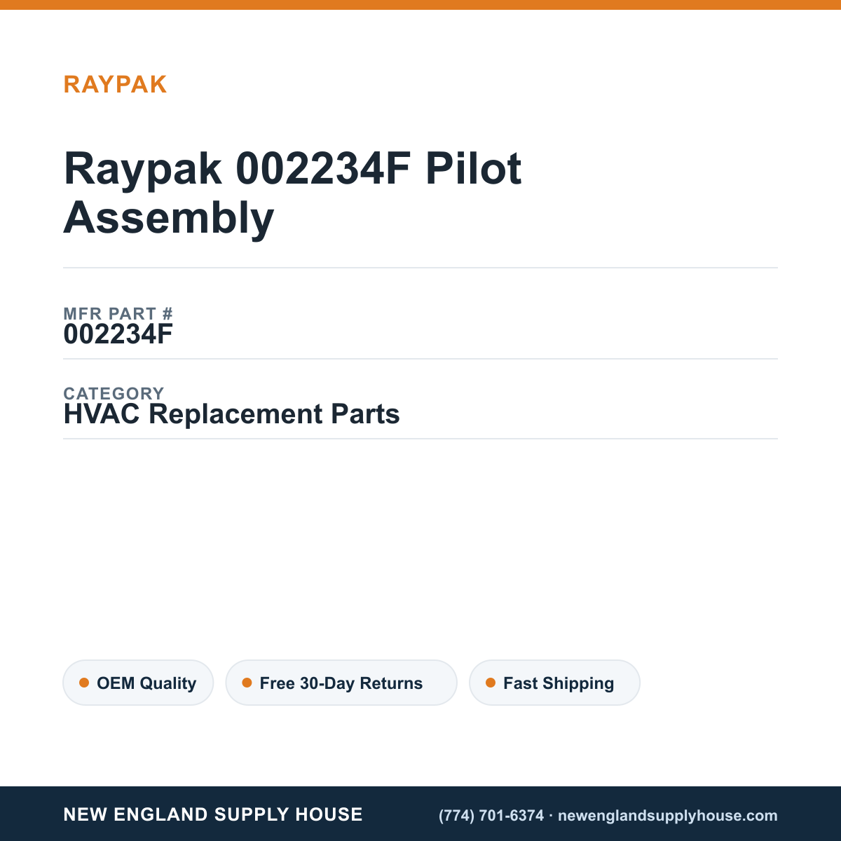 Raypak 002234F Pilot Assembly — New England Supply House spec card [NESH-SPEC-CARD-V2]