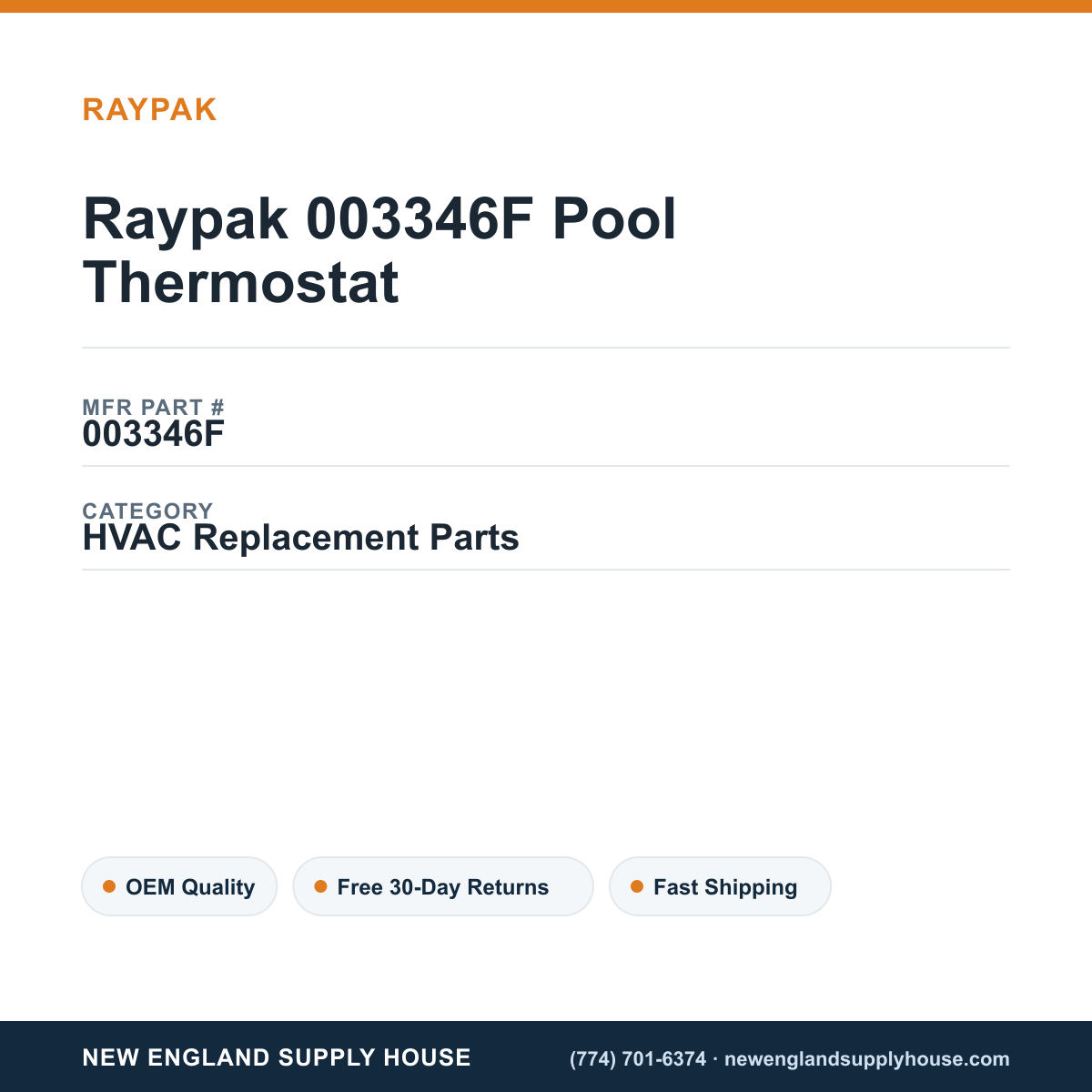 Raypak 003346F Pool Thermostat — New England Supply House spec card [NESH-SPEC-CARD-V2]
