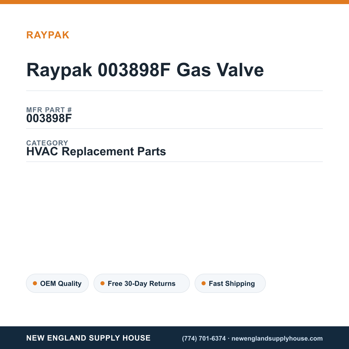 Raypak 003898F Gas Valve — New England Supply House spec card [NESH-SPEC-CARD-V2]