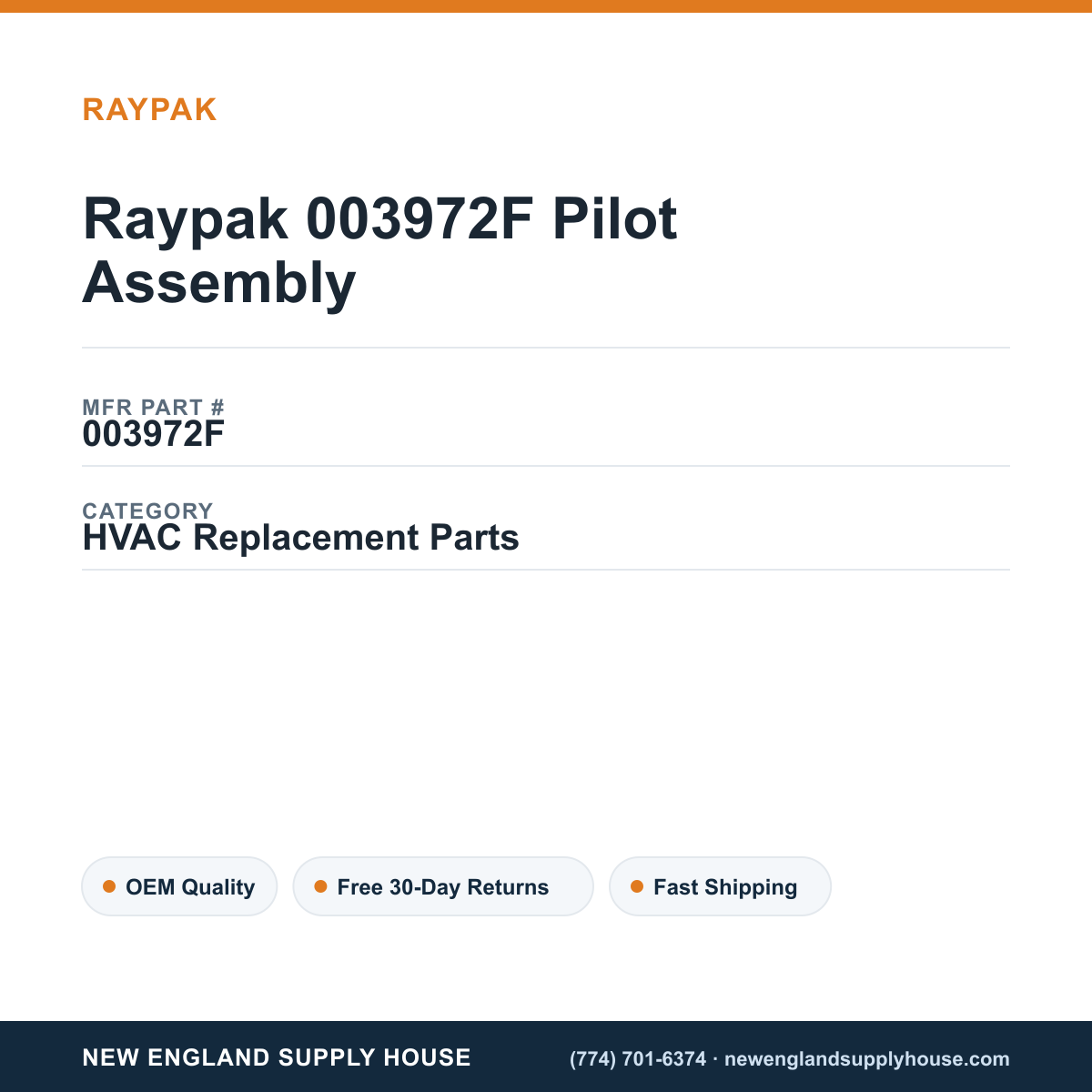 Raypak 003972F Pilot Assembly — New England Supply House spec card [NESH-SPEC-CARD-V2]