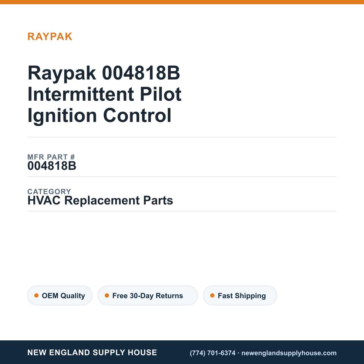 Raypak 004818B Intermittent Pilot Ignition Control — New England Supply House spec card [NESH-SPEC-CARD-V2]