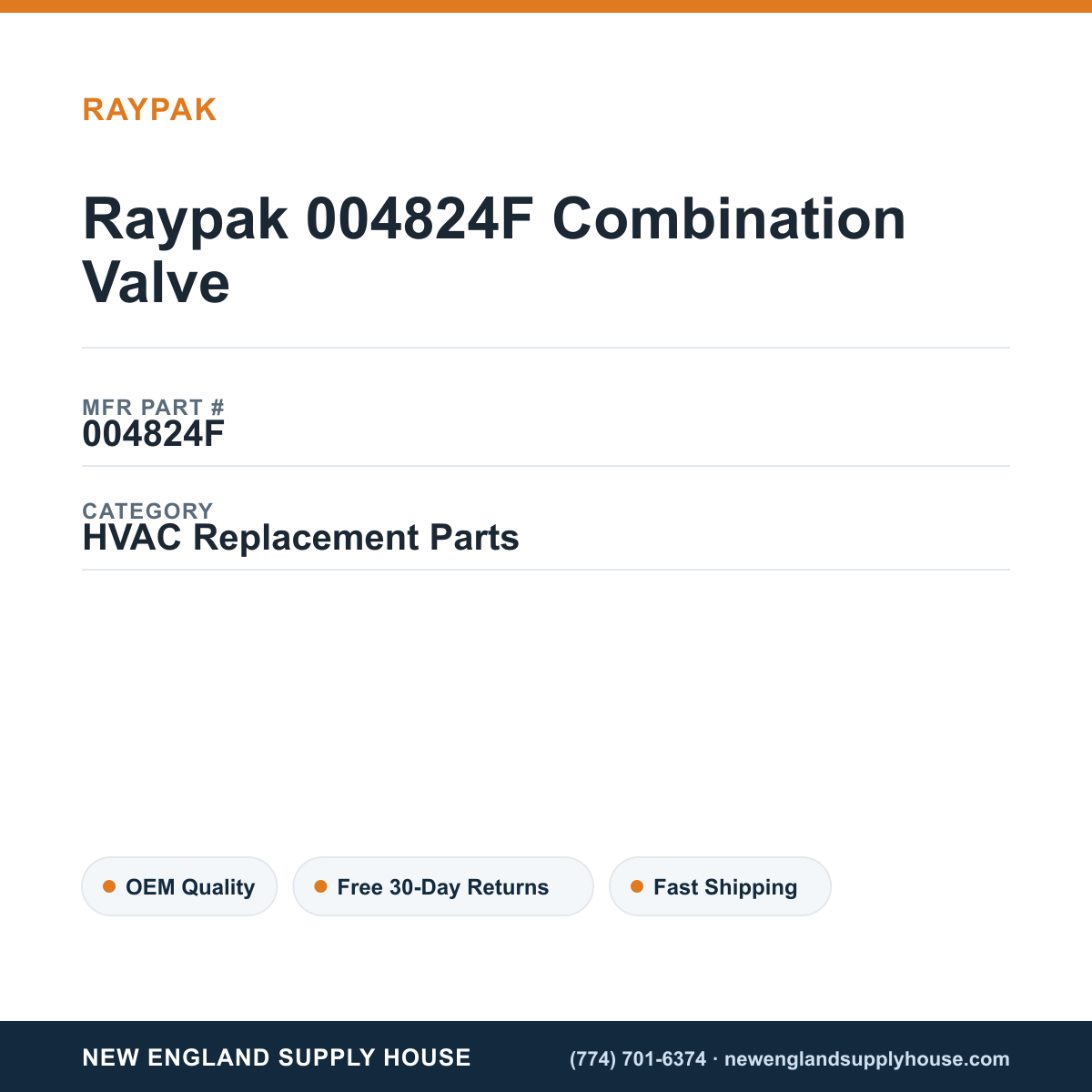 Raypak 004824F Combination Valve — New England Supply House spec card [NESH-SPEC-CARD-V2]