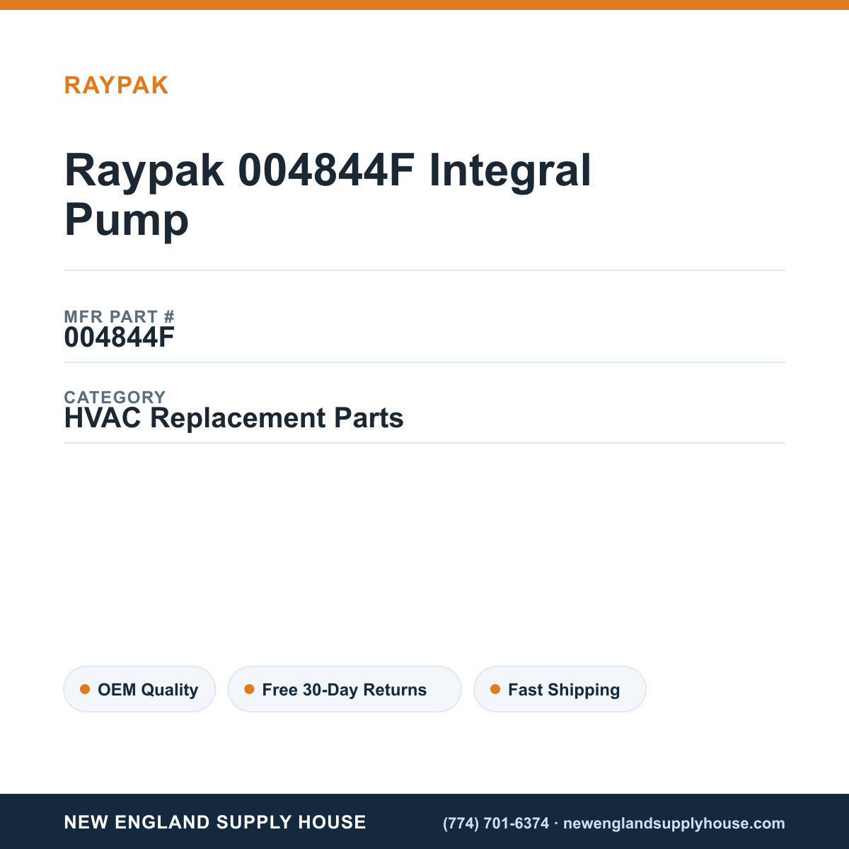 Raypak 004844F Integral Pump — New England Supply House spec card [NESH-SPEC-CARD-V2]