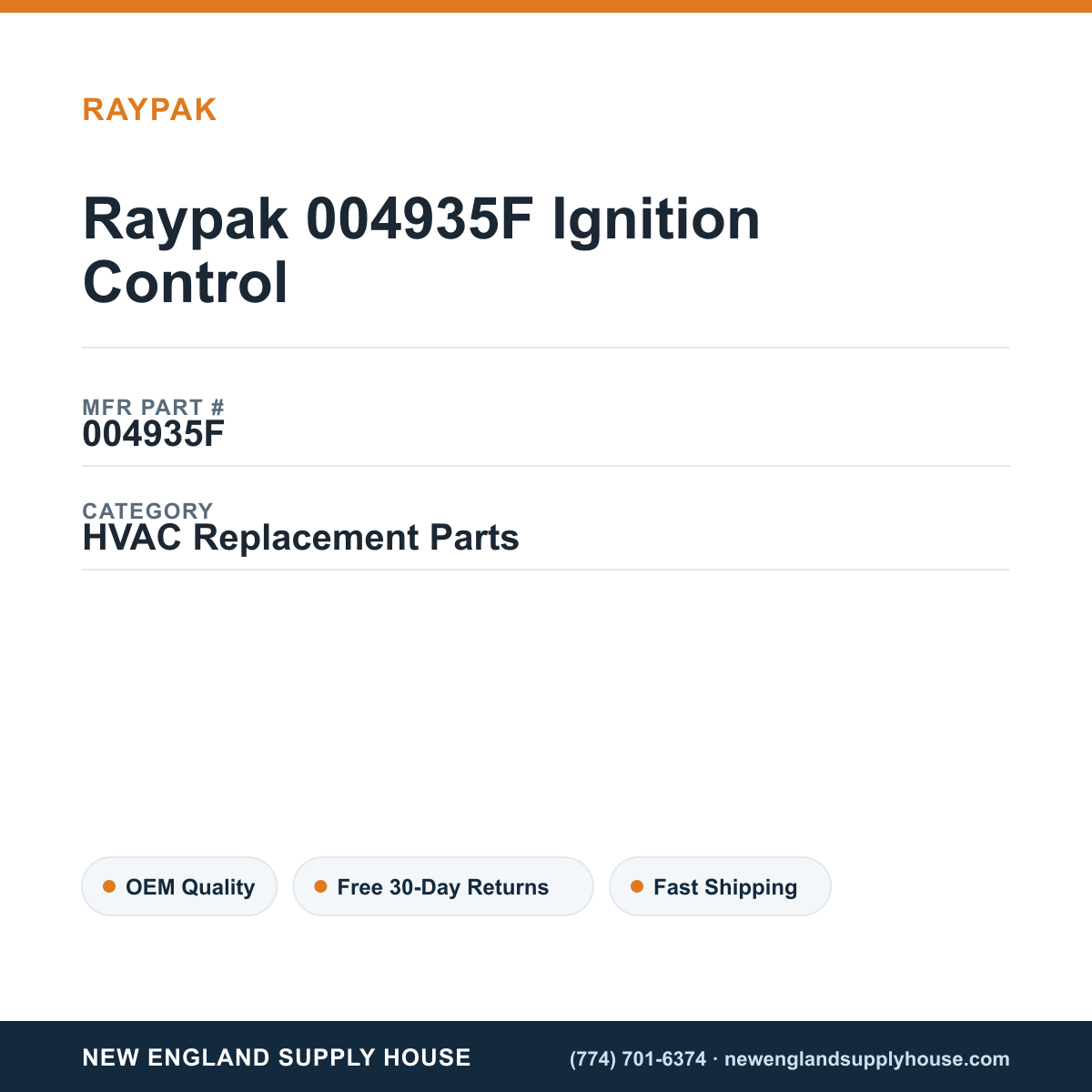 Raypak 004935F Ignition Control — New England Supply House spec card [NESH-SPEC-CARD-V2]