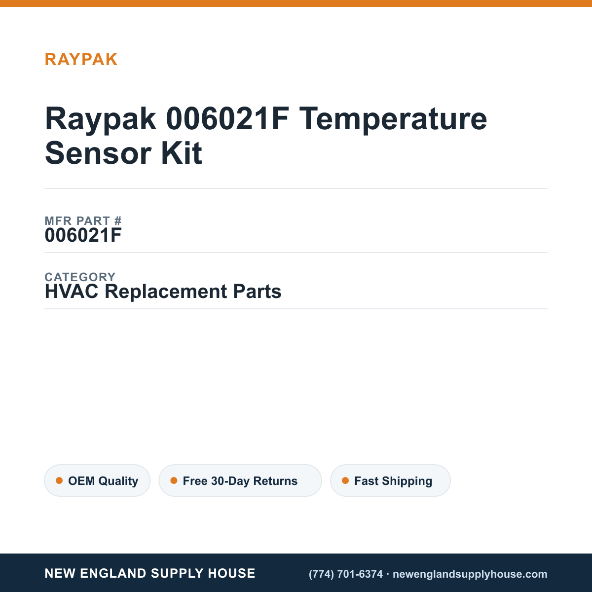 Raypak 006021F Temperature Sensor Kit — New England Supply House spec card [NESH-SPEC-CARD-V2]