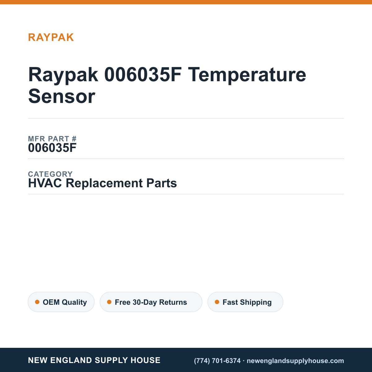 Raypak 006035F Temperature Sensor — New England Supply House spec card [NESH-SPEC-CARD-V2]