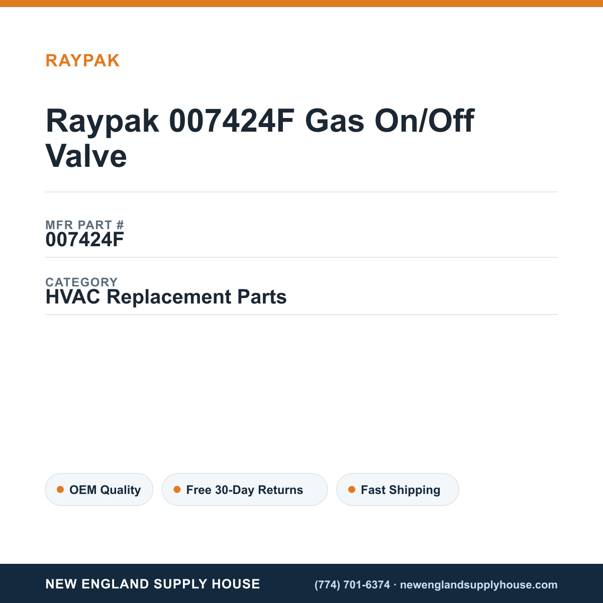 Raypak 007424F Gas On/Off Valve — New England Supply House spec card [NESH-SPEC-CARD-V2]