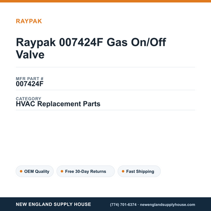 Raypak 007424F Gas On/Off Valve — New England Supply House spec card [NESH-SPEC-CARD-V2]