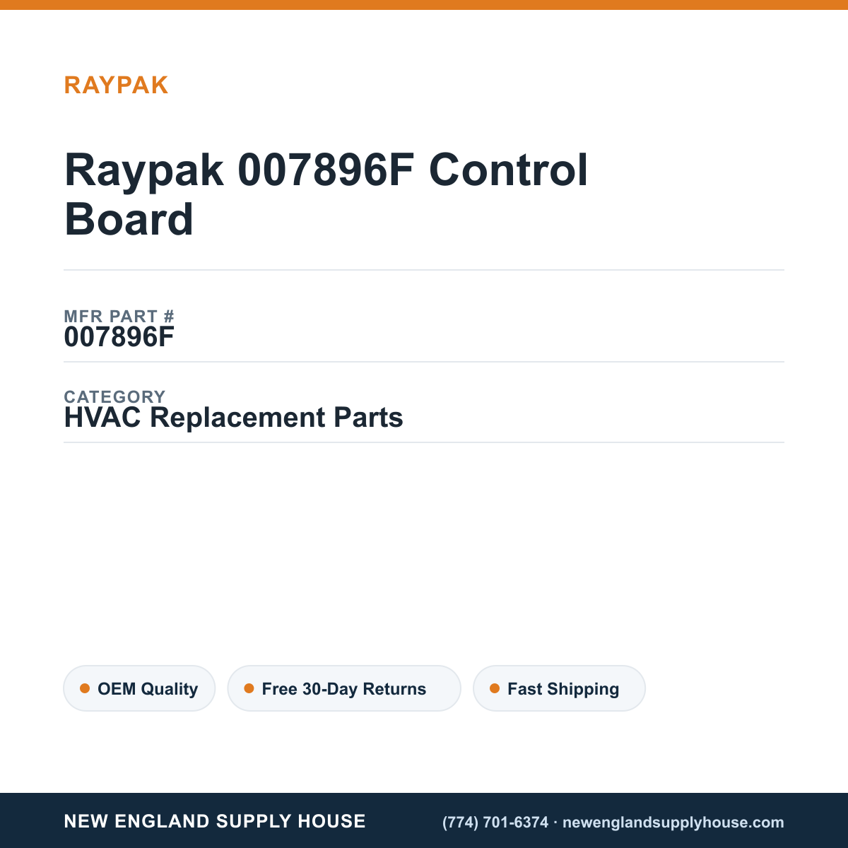 Raypak 007896F Control Board — New England Supply House spec card [NESH-SPEC-CARD-V2]