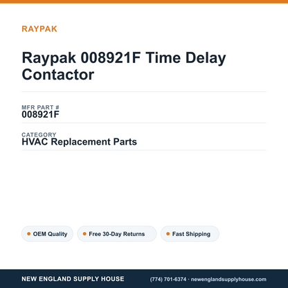 Raypak 008921F Time Delay Contactor — New England Supply House spec card [NESH-SPEC-CARD-V2]