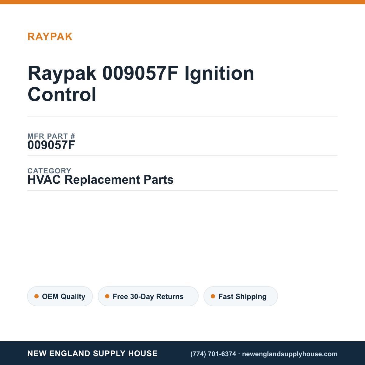 Raypak 009057F Ignition Control — New England Supply House spec card [NESH-SPEC-CARD-V2]