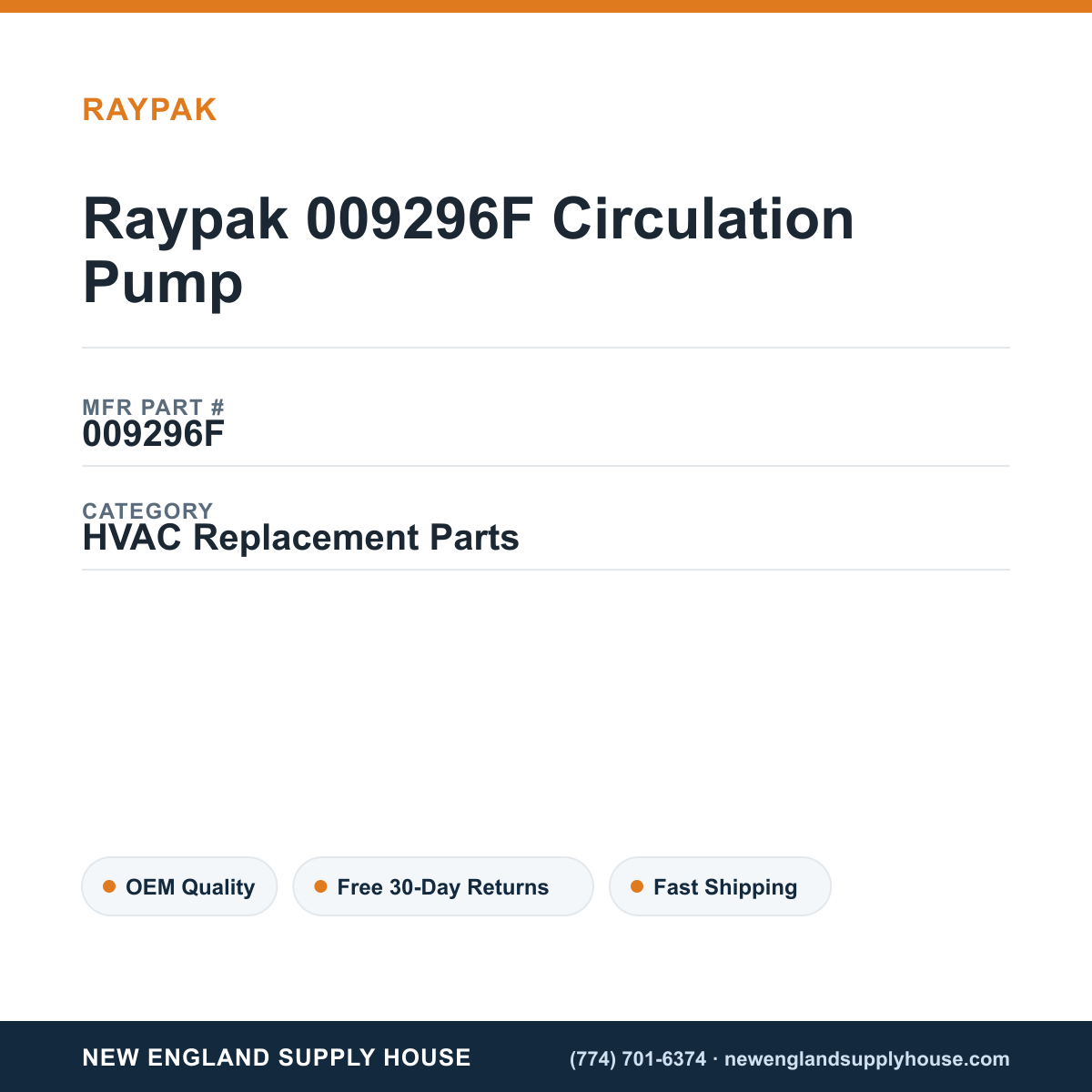 Raypak 009296F Circulation Pump — New England Supply House spec card [NESH-SPEC-CARD-V2]
