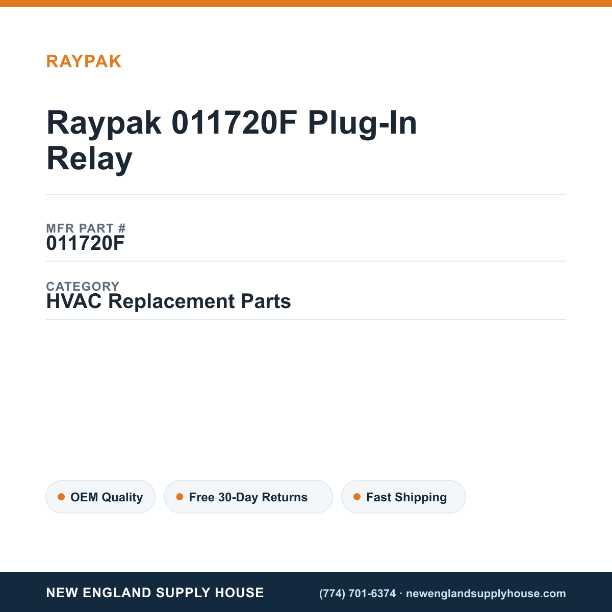Raypak 011720F Plug-In Relay — New England Supply House spec card [NESH-SPEC-CARD-V2]
