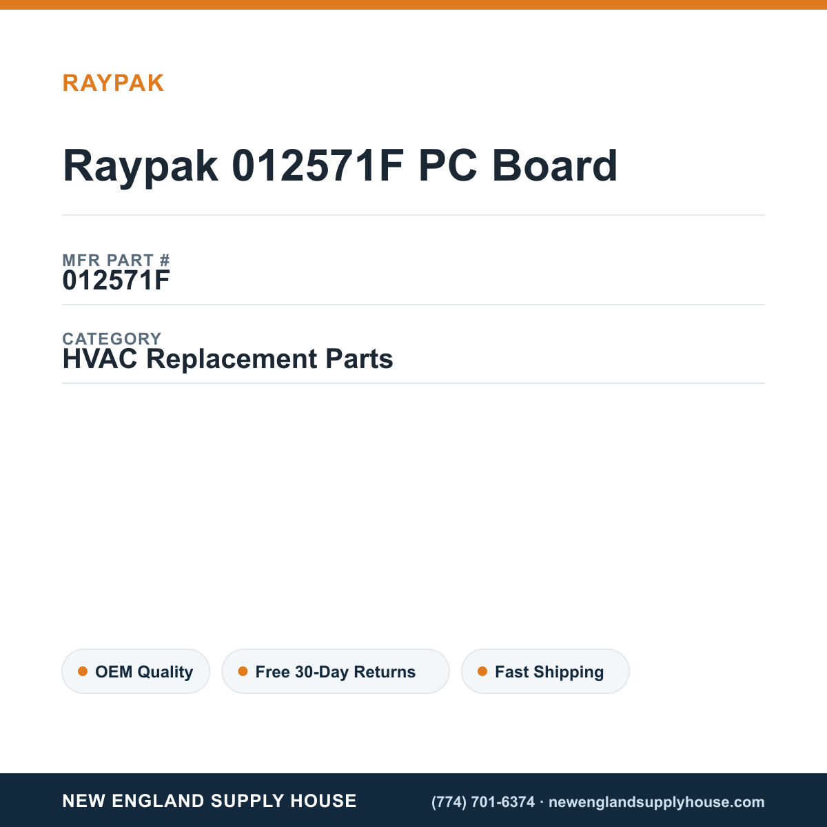 Raypak 012571F PC Board — New England Supply House spec card [NESH-SPEC-CARD-V2]