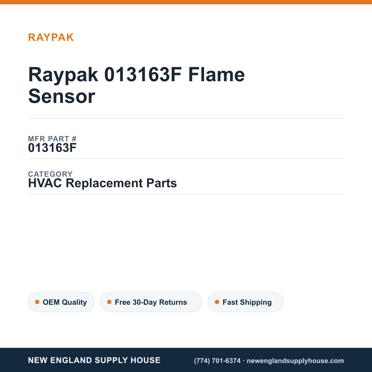 Raypak 013163F Flame Sensor — New England Supply House spec card [NESH-SPEC-CARD-V2]