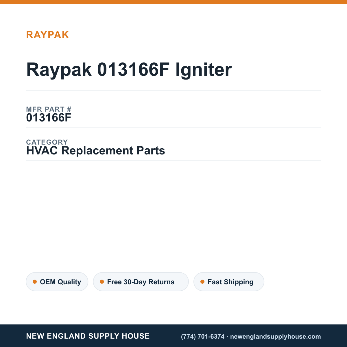 Raypak 013166F Igniter — New England Supply House spec card [NESH-SPEC-CARD-V2]