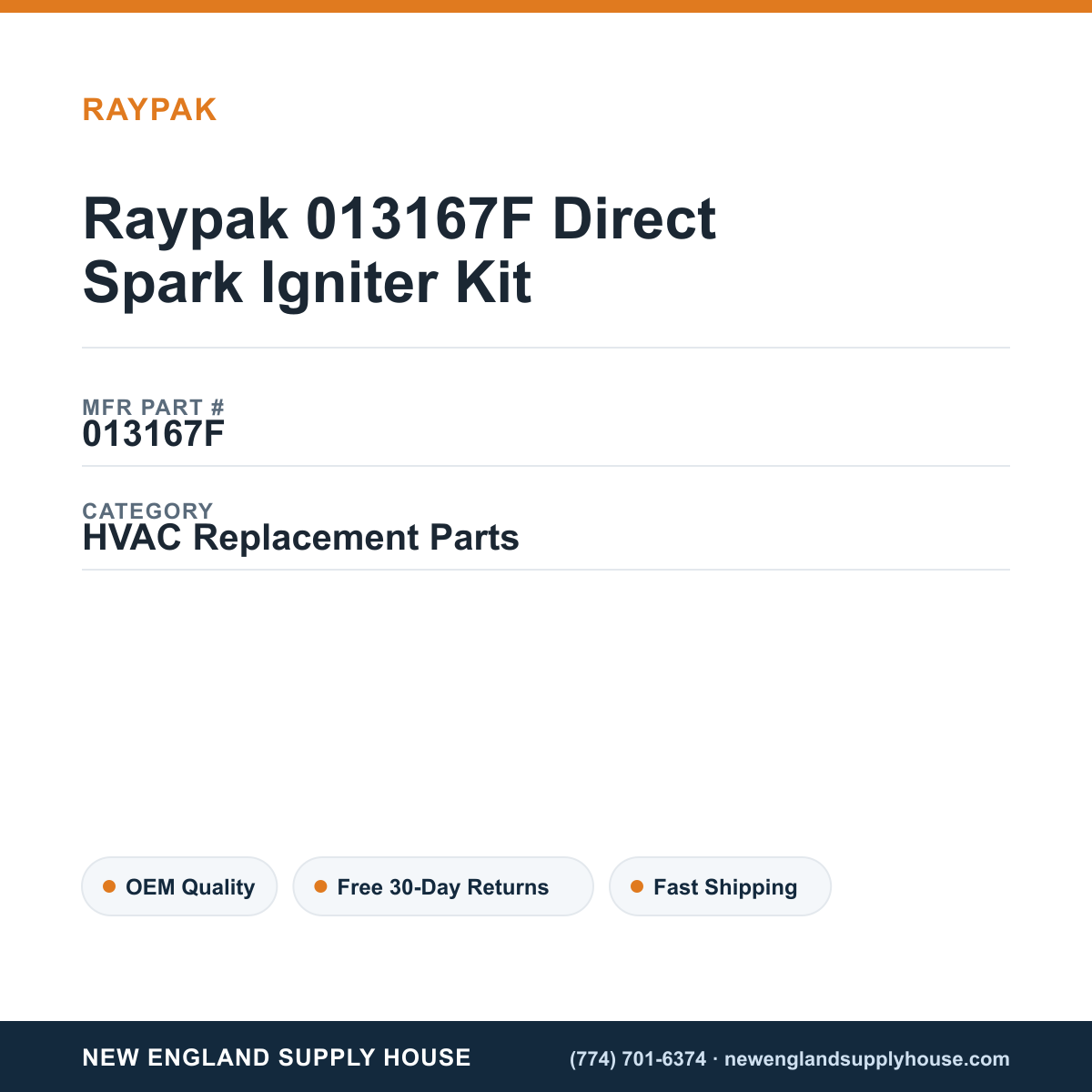 Raypak 013167F Direct Spark Igniter Kit — New England Supply House spec card [NESH-SPEC-CARD-V2]