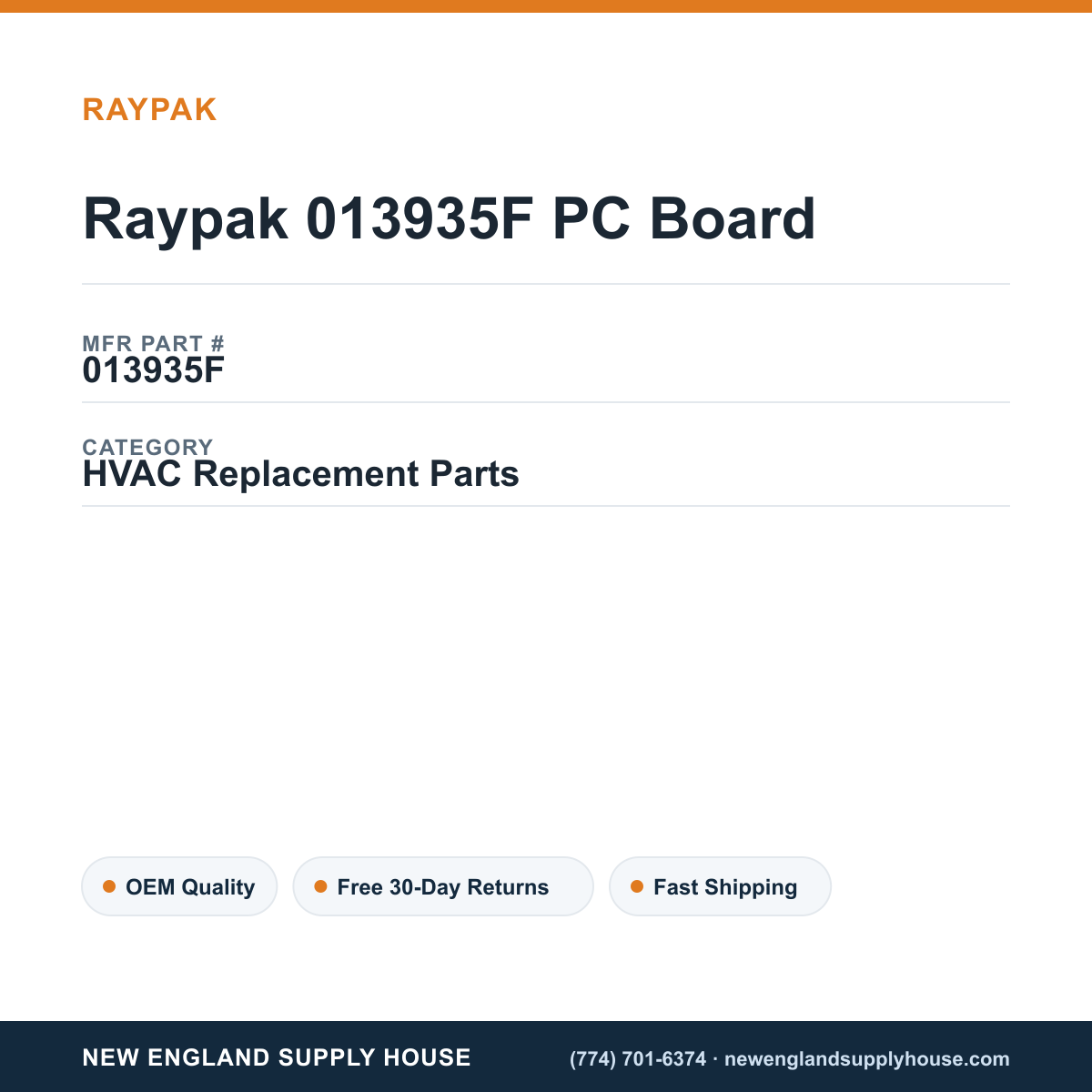 Raypak 013935F PC Board — New England Supply House spec card [NESH-SPEC-CARD-V2]