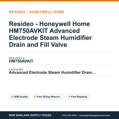 Resideo - Honeywell Home HM750AVKIT Advanced Electrode Steam Humidifier Drain and Fill Valve — New England Supply House spec card [NESH-SPEC-CARD-V2]