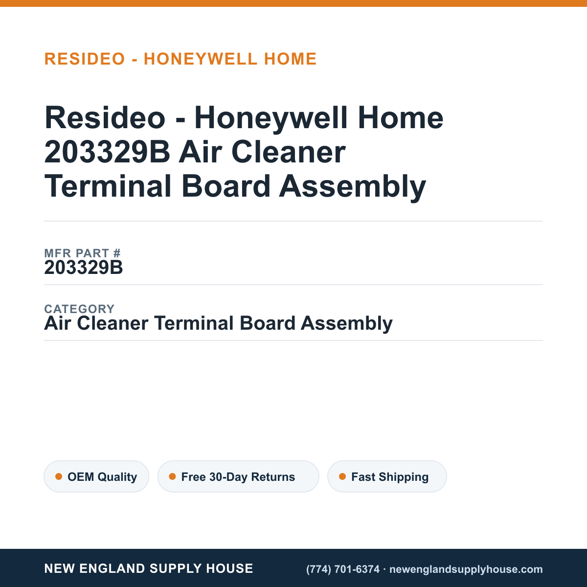 Resideo - Honeywell Home 203329B Air Cleaner Terminal Board Assembly — New England Supply House spec card [NESH-SPEC-CARD-V2]