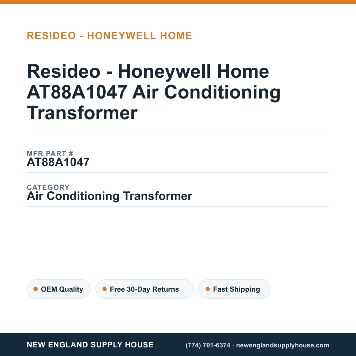 Resideo - Honeywell Home AT88A1047 Air Conditioning Transformer — New England Supply House spec card [NESH-SPEC-CARD-V2]
