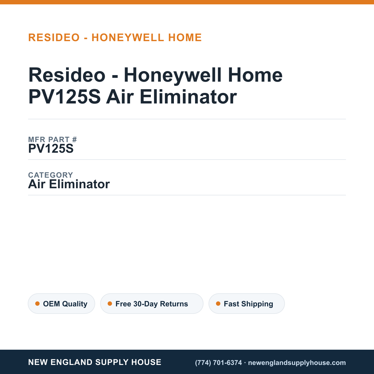 Resideo - Honeywell Home PV125S Air Eliminator — New England Supply House spec card [NESH-SPEC-CARD-V2]
