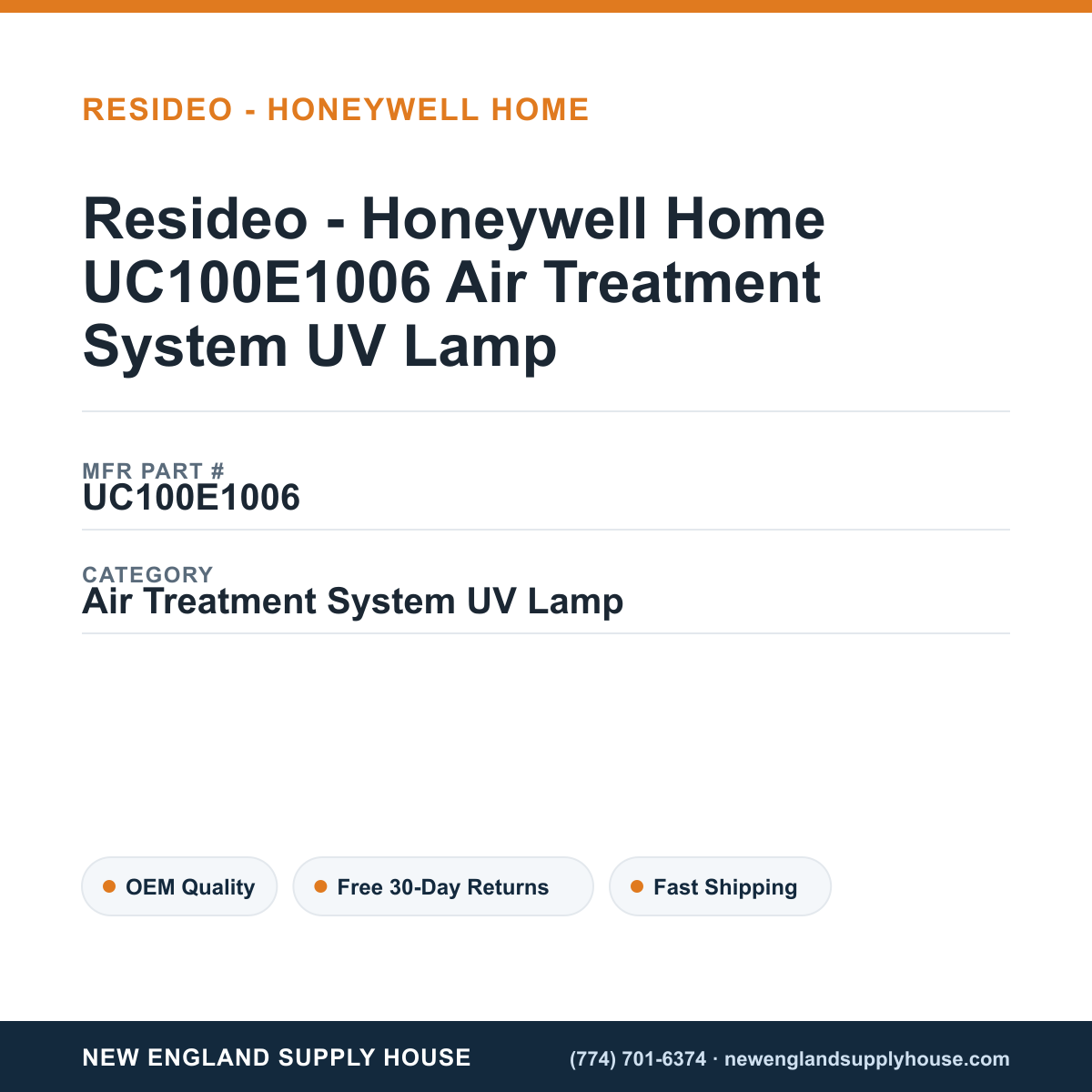 Resideo - Honeywell Home UC100E1006 Air Treatment System UV Lamp — New England Supply House spec card [NESH-SPEC-CARD-V2]