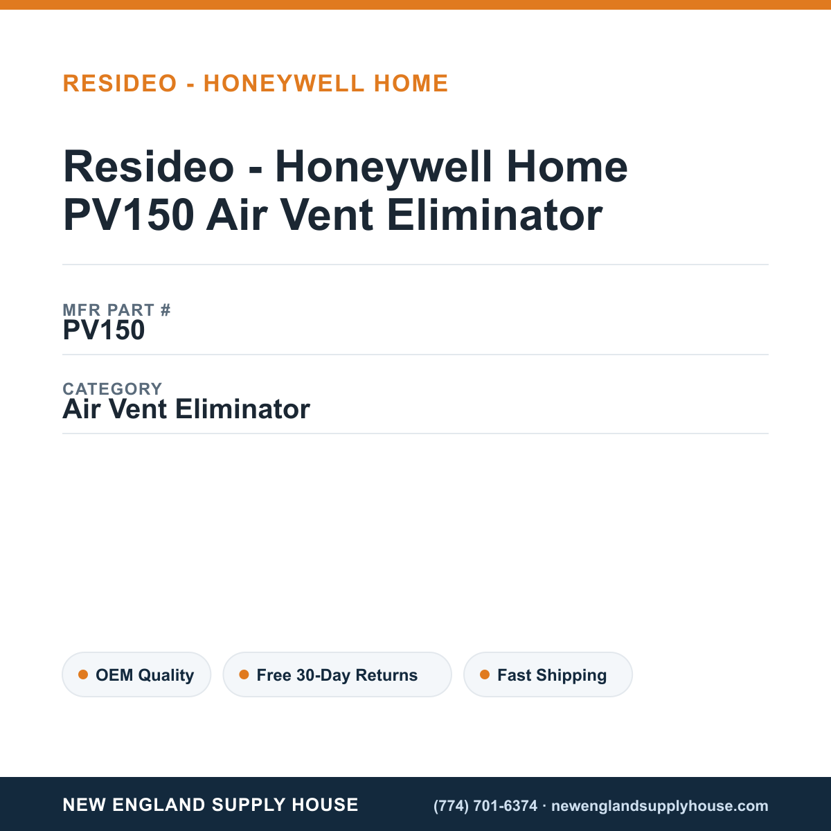Resideo - Honeywell Home PV150 Air Vent Eliminator — New England Supply House spec card [NESH-SPEC-CARD-V2]