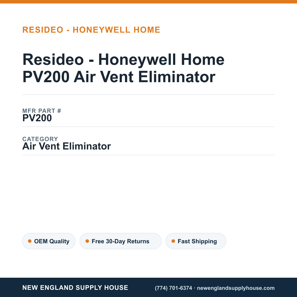 Resideo - Honeywell Home PV200 Air Vent Eliminator — New England Supply House spec card [NESH-SPEC-CARD-V2]