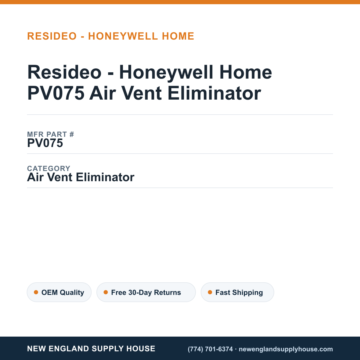 Resideo - Honeywell Home PV075 Air Vent Eliminator — New England Supply House spec card [NESH-SPEC-CARD-V2]
