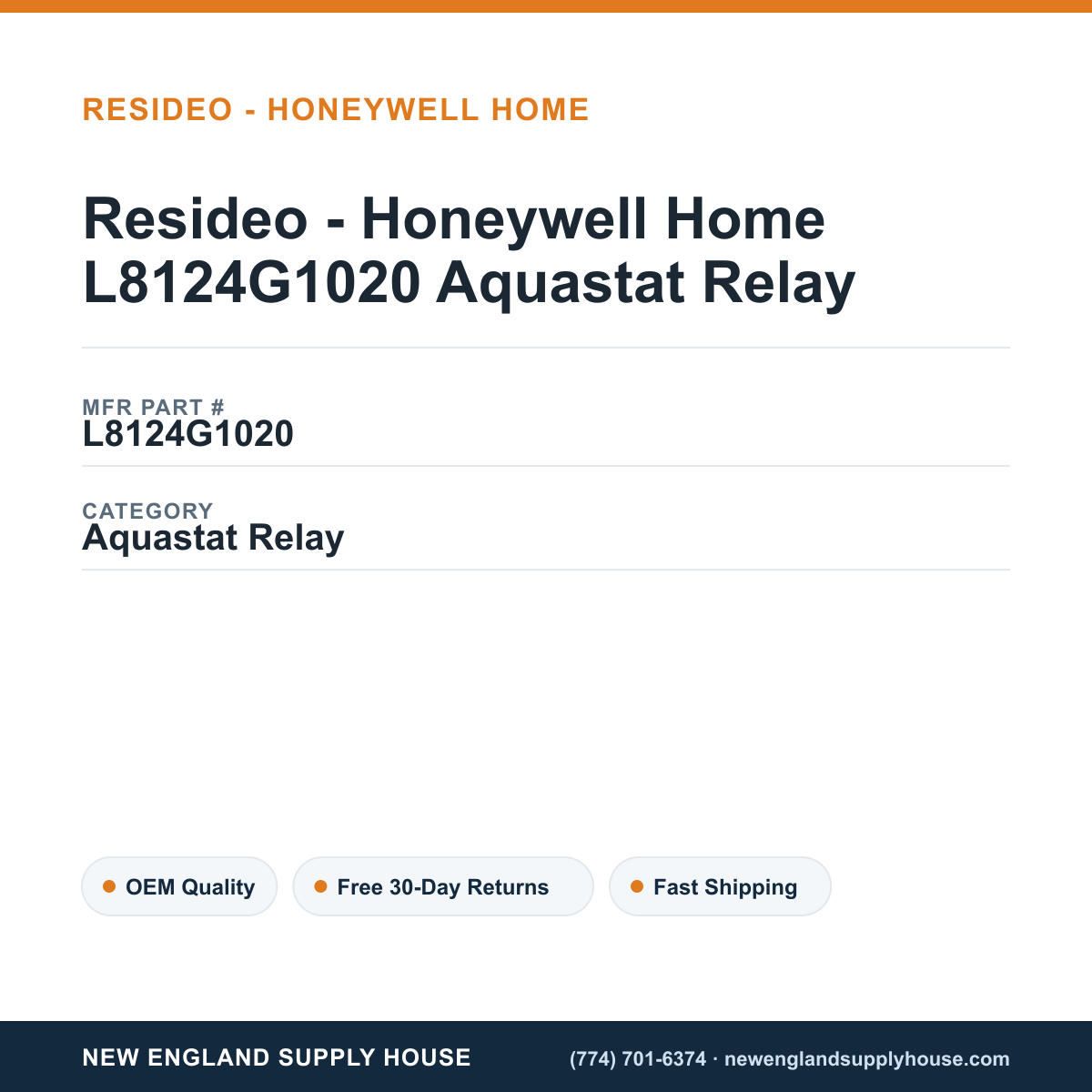 Resideo - Honeywell Home L8124G1020 Aquastat Relay — New England Supply House spec card [NESH-SPEC-CARD-V2]