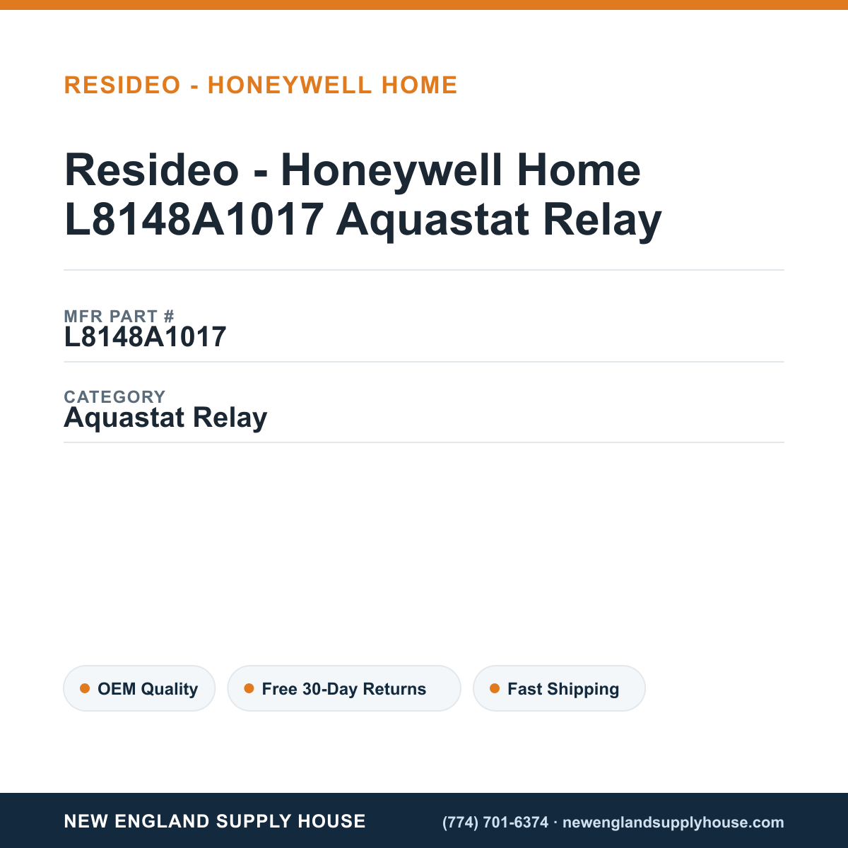 Resideo - Honeywell Home L8148A1017 Aquastat Relay — New England Supply House spec card [NESH-SPEC-CARD-V2]