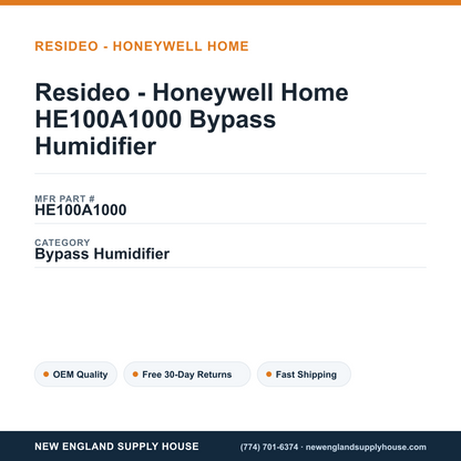 Resideo - Honeywell Home HE100A1000 Bypass Humidifier — New England Supply House spec card [NESH-SPEC-CARD-V2]