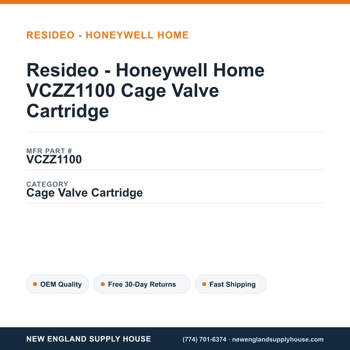 Resideo - Honeywell Home VCZZ1100 Cage Valve Cartridge — New England Supply House spec card [NESH-SPEC-CARD-V2]
